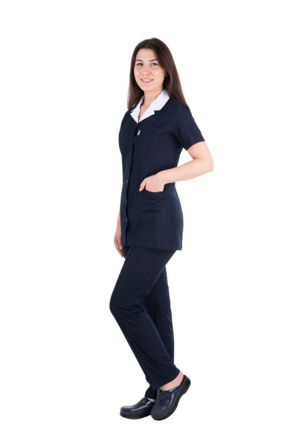 BH 301 Önden Düğmeli, Kuplu Model, Lacivert Alpaka Kumaş, Çıtçıtlı 2 Adet Beyaz Yaka