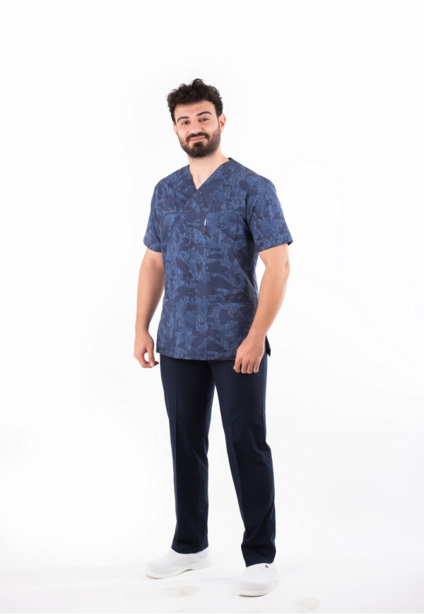 Koyu Mavi Harita Desen Zarf Yaka Model Takım