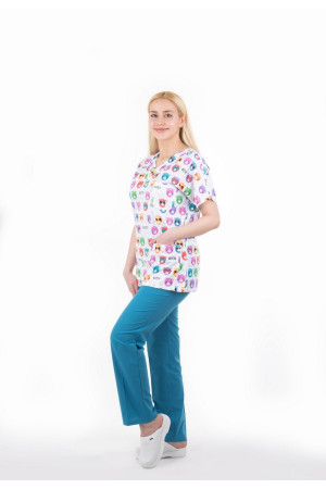 Renkli Kedi Kafa Desen Yarasa Kol V Yaka Terycotton Takım