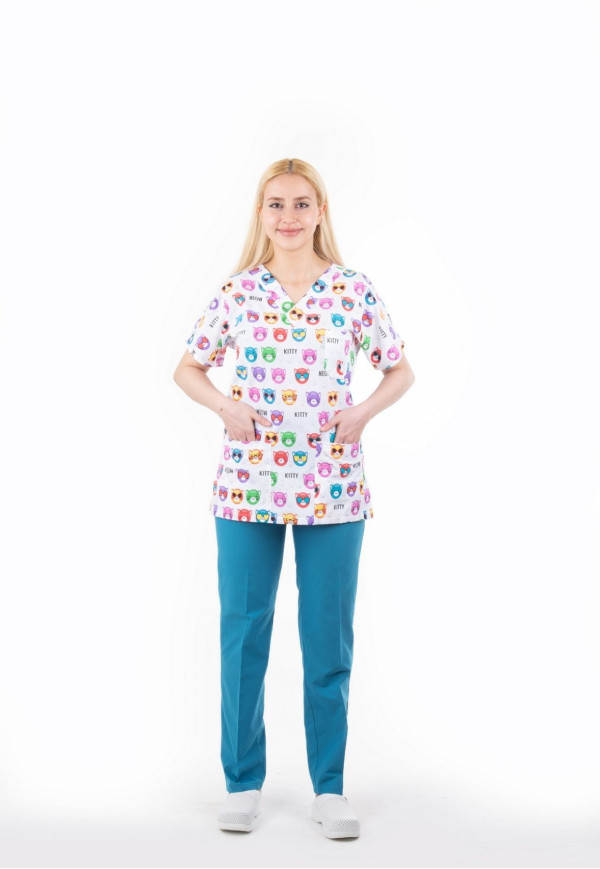 Renkli Kedi Kafa Desen Yarasa Kol V Yaka Terycotton Takım