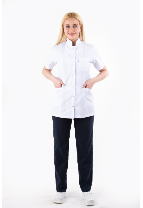 DÖ 020 Beyaz Alpaka Kumaş, Kuplu Model, Ceket Boy, Kısa Kol, Hakim Yaka, Çıtçıtlı