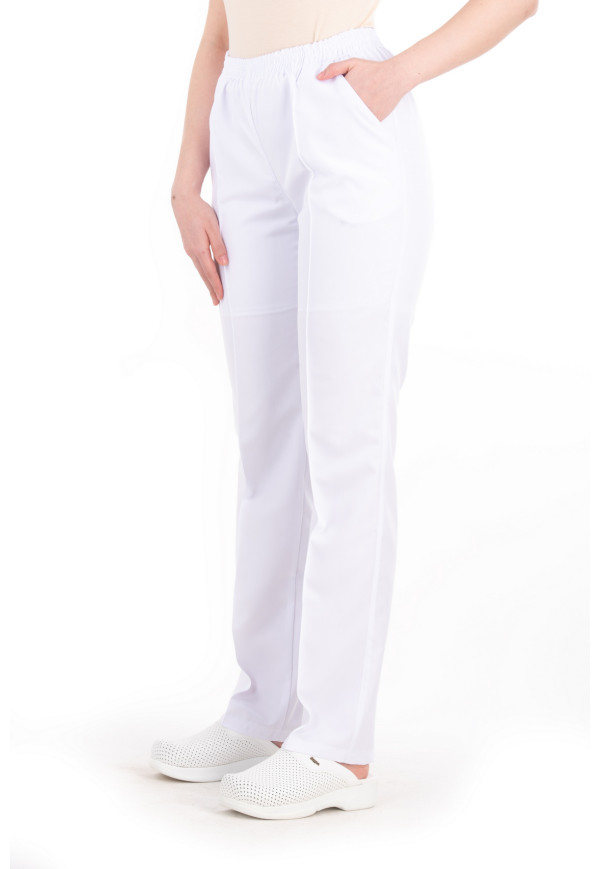 Pantolon Beyaz Alpaka Kumaş, Bel Tam Lastikli, Ütü Dikişli, Boru Paça