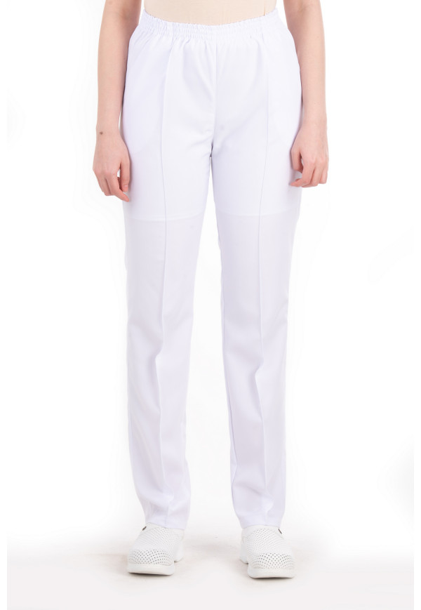 Pantolon Beyaz Alpaka Kumaş, Bel Tam Lastikli, Ütü Dikişli, Boru Paça