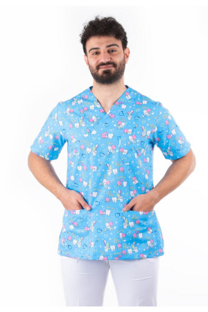 Mavi Beyaz Diş Desen Zarf Yaka Model