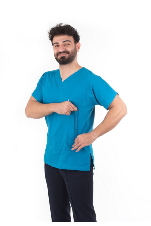 Likralı Yarasa Kol Koyu Turkuaz V Yaka Model