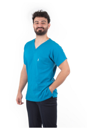 Likralı Yarasa Kol Koyu Turkuaz V Yaka Model