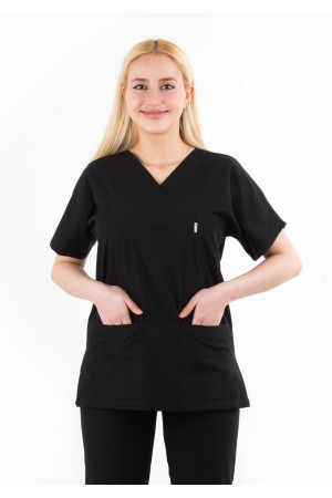 Siyah Likralı Kumaş Yarasa Kol V Yaka Model Tek Üst Üniforma