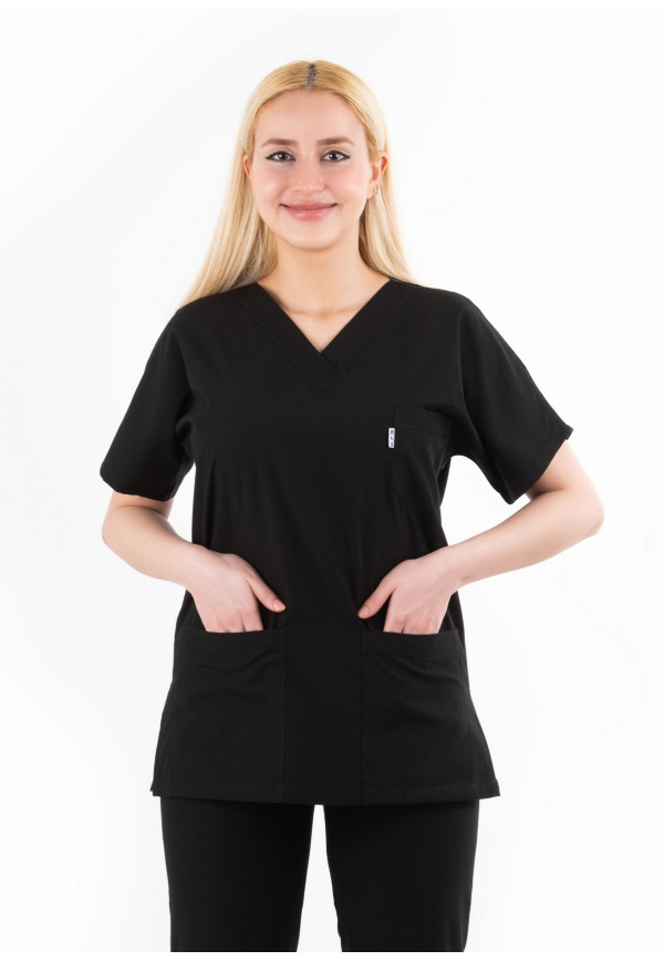 Siyah Likralı Kumaş Yarasa Kol V Yaka Model Tek Üst Üniforma