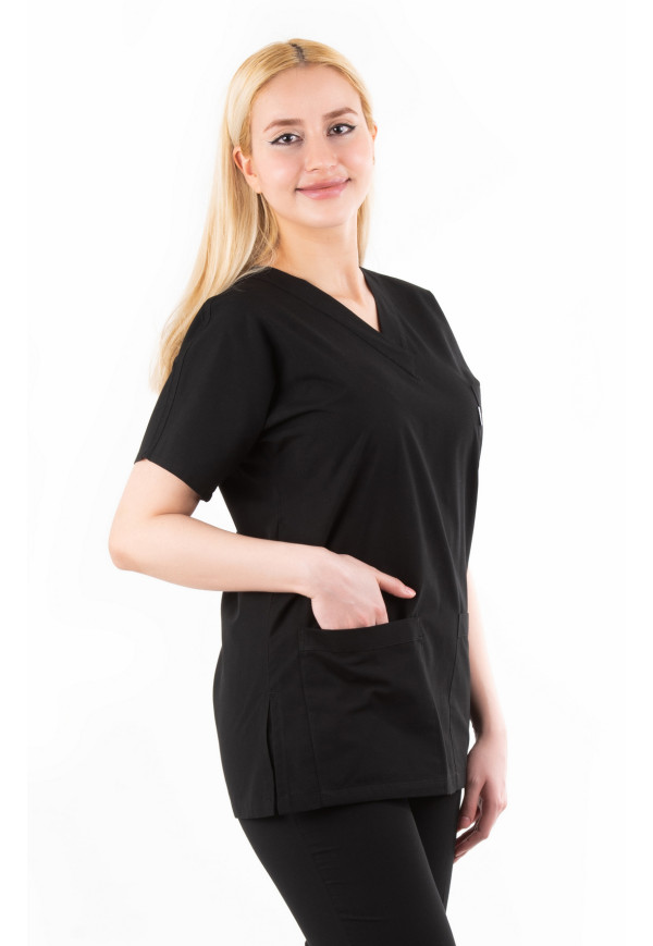 Siyah Likralı Kumaş Yarasa Kol V Yaka Model Tek Üst Üniforma