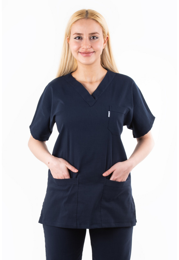 Likralı Lacivert Yarasa Kol V Yaka Model