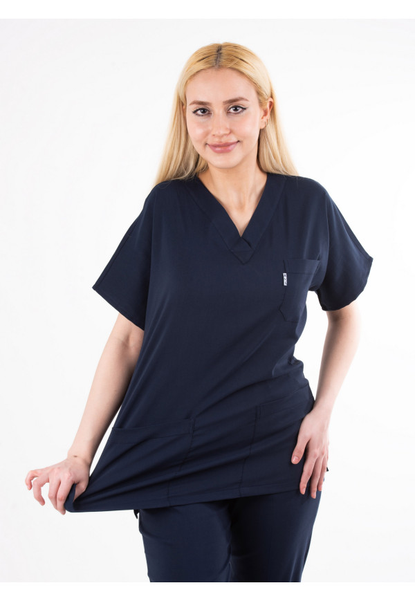 Likralı Lacivert Yarasa Kol V Yaka Model