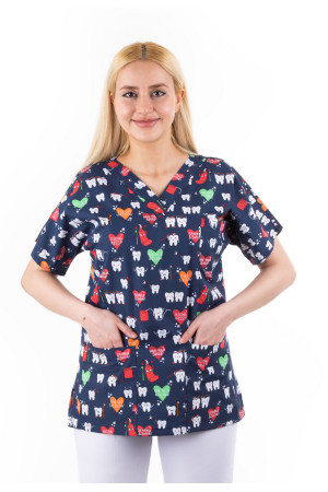 Lacivert Diş Desenli Yarasa Kol V Yaka Model