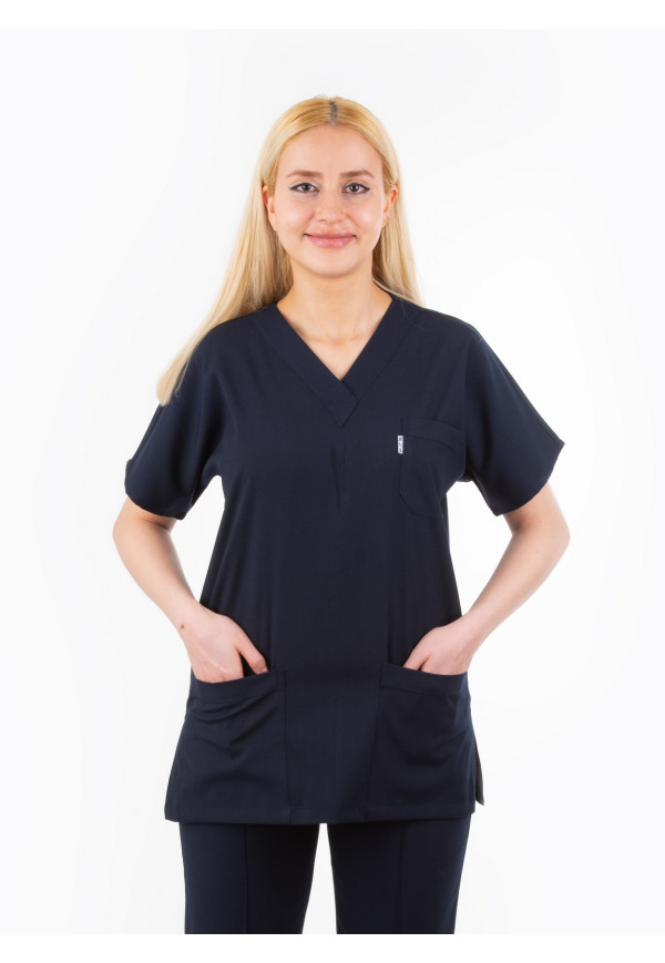 Likralı Lacivert Yarasa Kol V Yaka Model