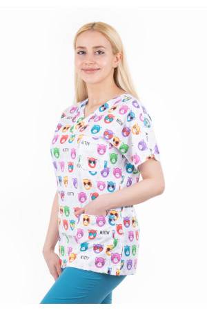 Renkli Kedi Desen Yarasa Kol V Yaka Model