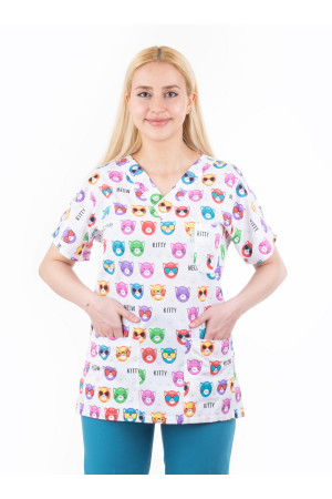 Renkli Kedi Desen Yarasa Kol V Yaka Model