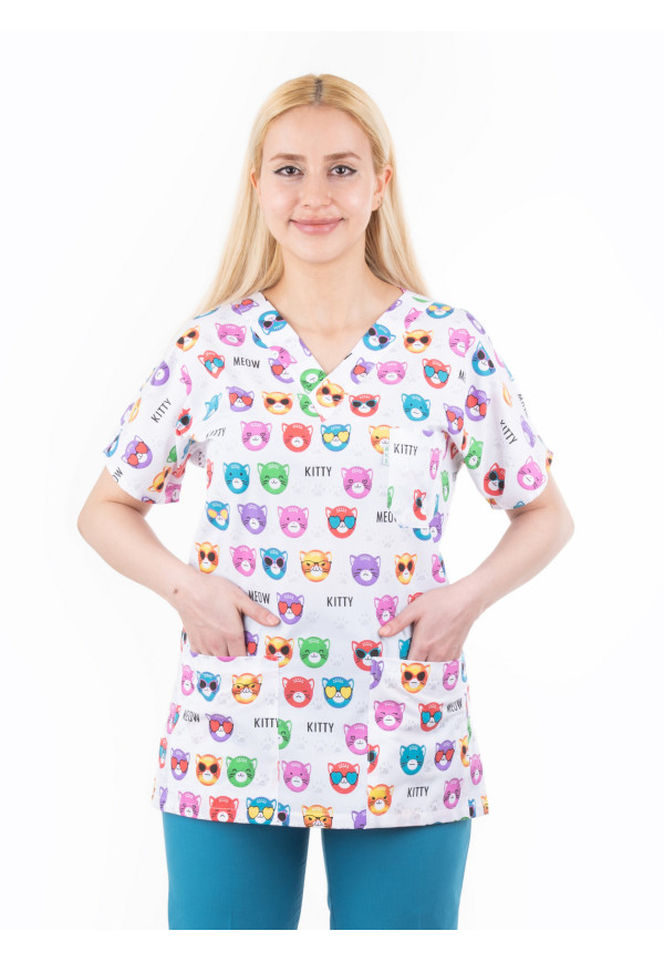 Renkli Kedi Desen Yarasa Kol V Yaka Model