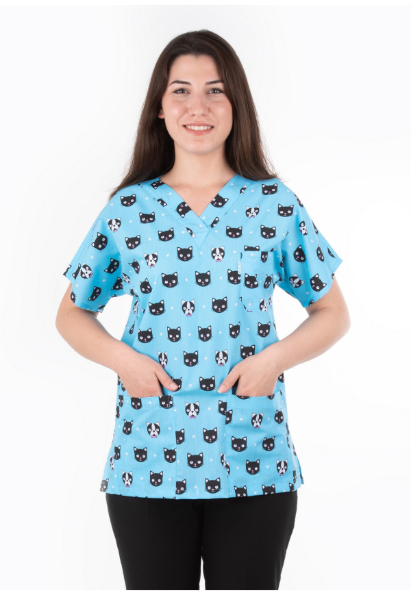 Siyah Kedi Kafa Desen Yarasa Kol V Yaka Model