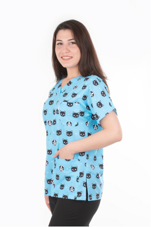 Siyah Kedi Kafa Desen Yarasa Kol V Yaka Model