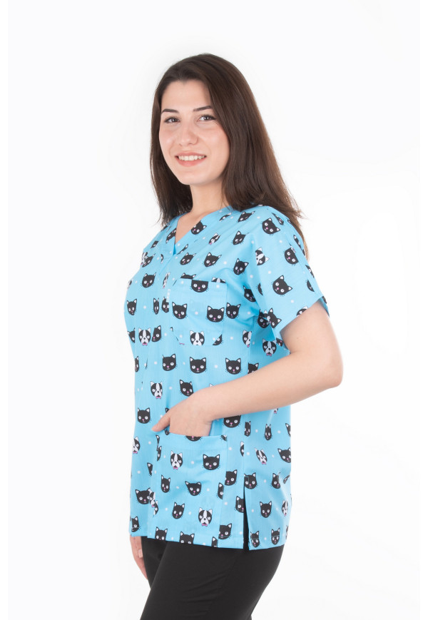 Siyah Kedi Kafa Desen Yarasa Kol V Yaka Model