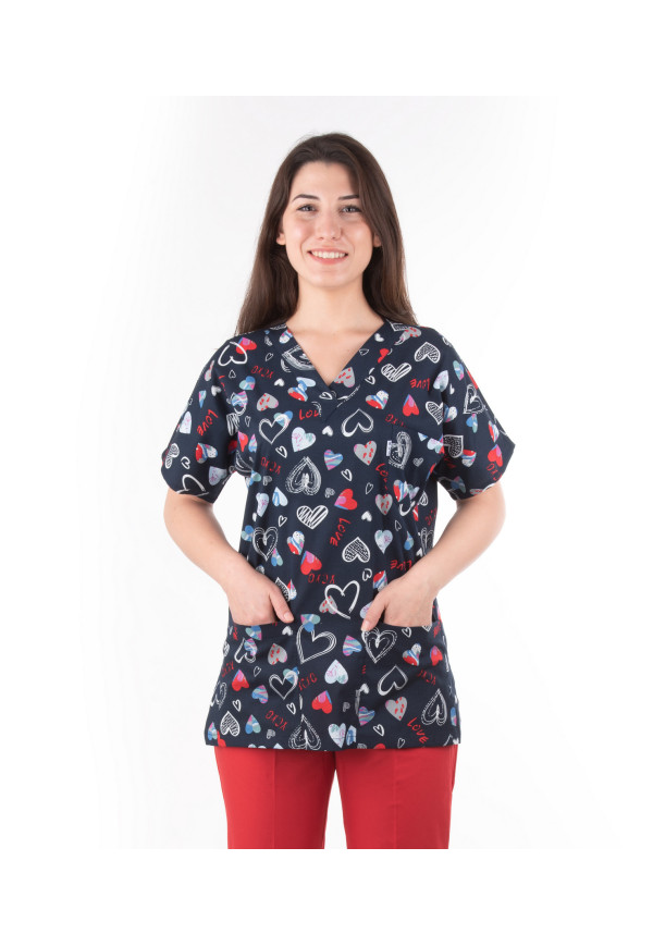 Lacivert Kalp Desen %97 Cotton %3 Likralı Kumaş