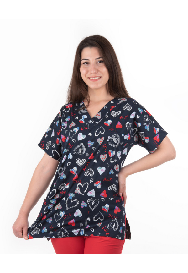 Lacivert Kalp Desen %97 Cotton %3 Likralı Kumaş