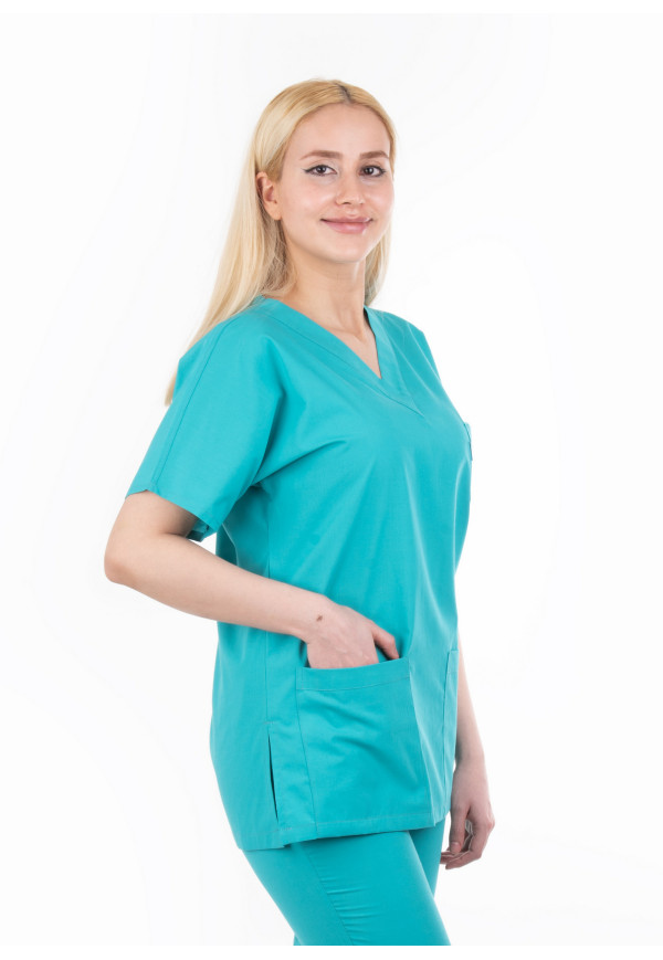 Turkuaz Renk Zarf Yaka Model Tek Üst Terycotton Kumaş