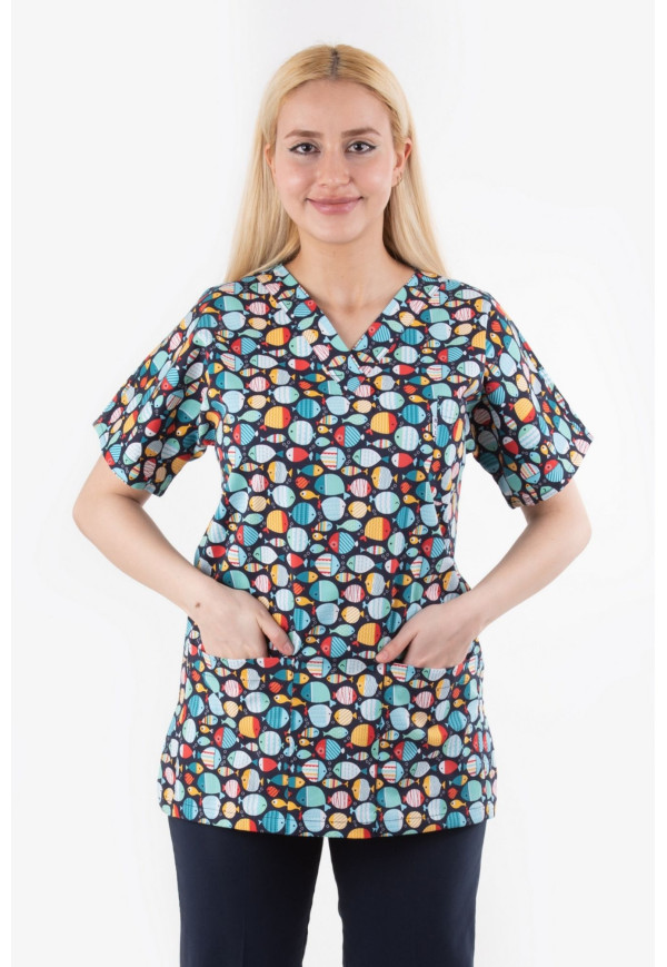 Likralı Balıklı Desen %97 Cotton %3 Kumaş Yarasa Kol V Yaka Model