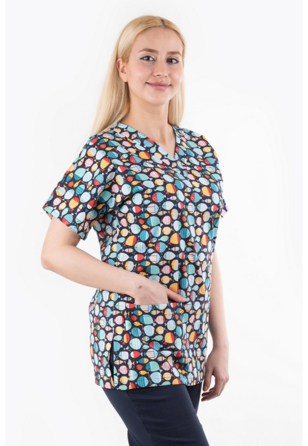 Likralı Balıklı Desen %97 Cotton %3 Kumaş Yarasa Kol V Yaka Model