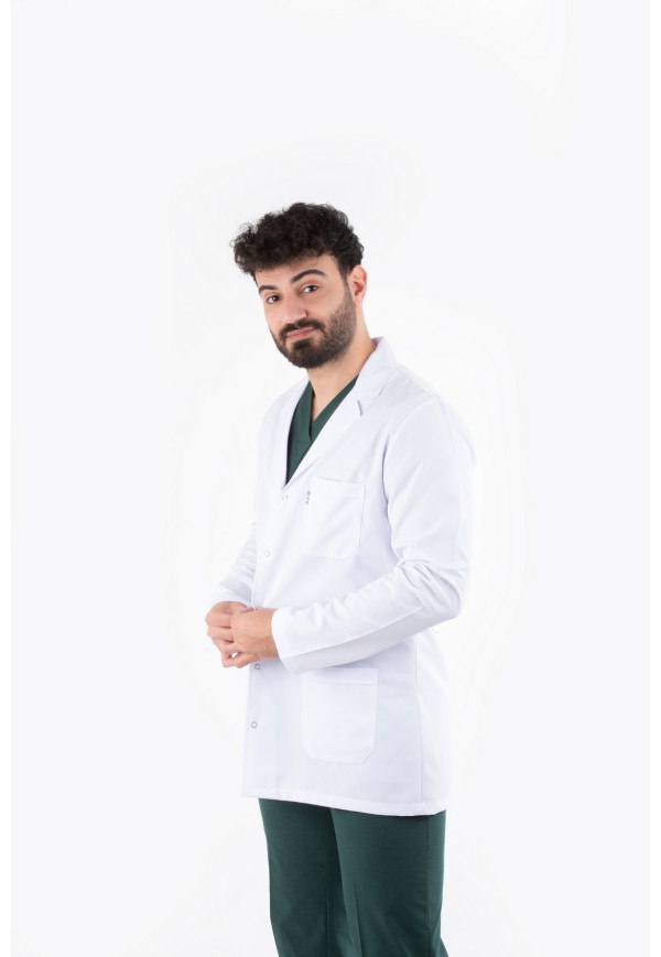 DÖ 053 Öğretmen Önlüğü, Ceket Boy, Ceket Yaka, Çıtçıtlı, Beyaz Alpaka, Uzun Kol