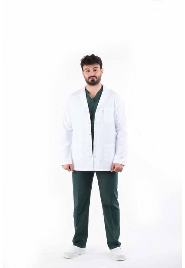 DÖ 053 Öğretmen Önlüğü, Ceket Boy, Ceket Yaka, Çıtçıtlı, Beyaz Alpaka, Uzun Kol