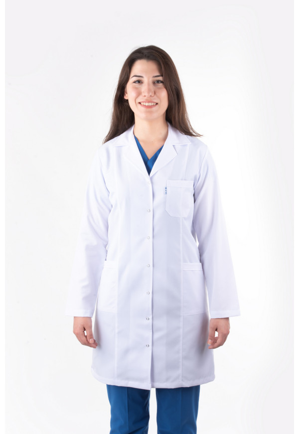 DÖ 010 Öğretmen Önlüğü, Kuplu Model, Ceket Yaka, Çıtçıtlı, Beyaz Alpaka, Uzun Boy, Uzun Kol