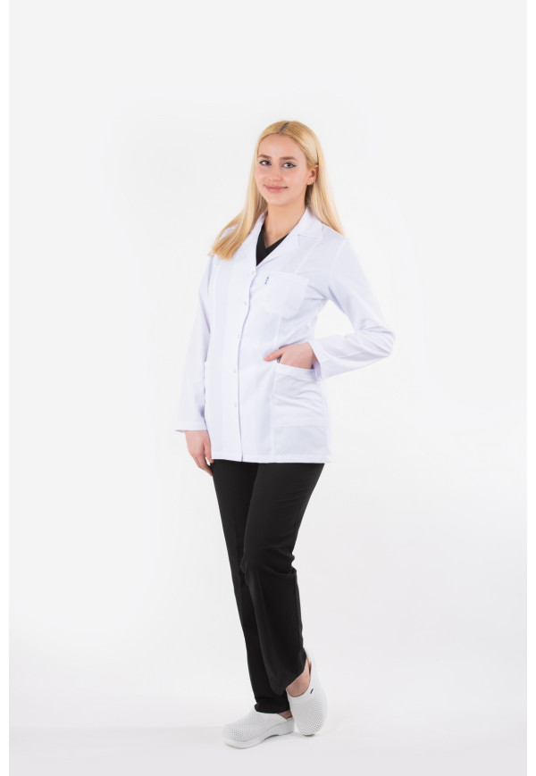 DÖ 019 Öğretmen Önlüğü, Kuplu Model, Ceket Yaka, Çıtçıtlı, Beyaz Alpaka, Ceket Boy, Uzun Kol