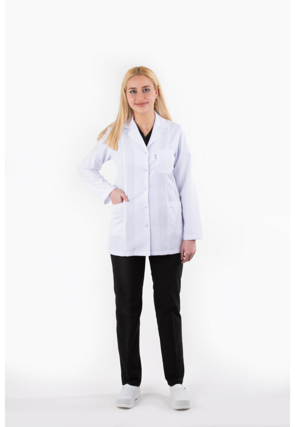 DÖ 019 Öğretmen Önlüğü, Kuplu Model, Ceket Yaka, Çıtçıtlı, Beyaz Alpaka, Ceket Boy, Uzun Kol