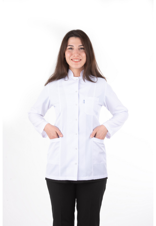 DÖ 016 Öğretmen Önlüğü, Kuplu Model, Hakim Yaka, Çıtçıtlı, Beyaz Alpaka, Ceket Boy, Uzun Kol